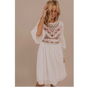 Polagram Ivory Embroidered Bell Sleeve Midi Dress